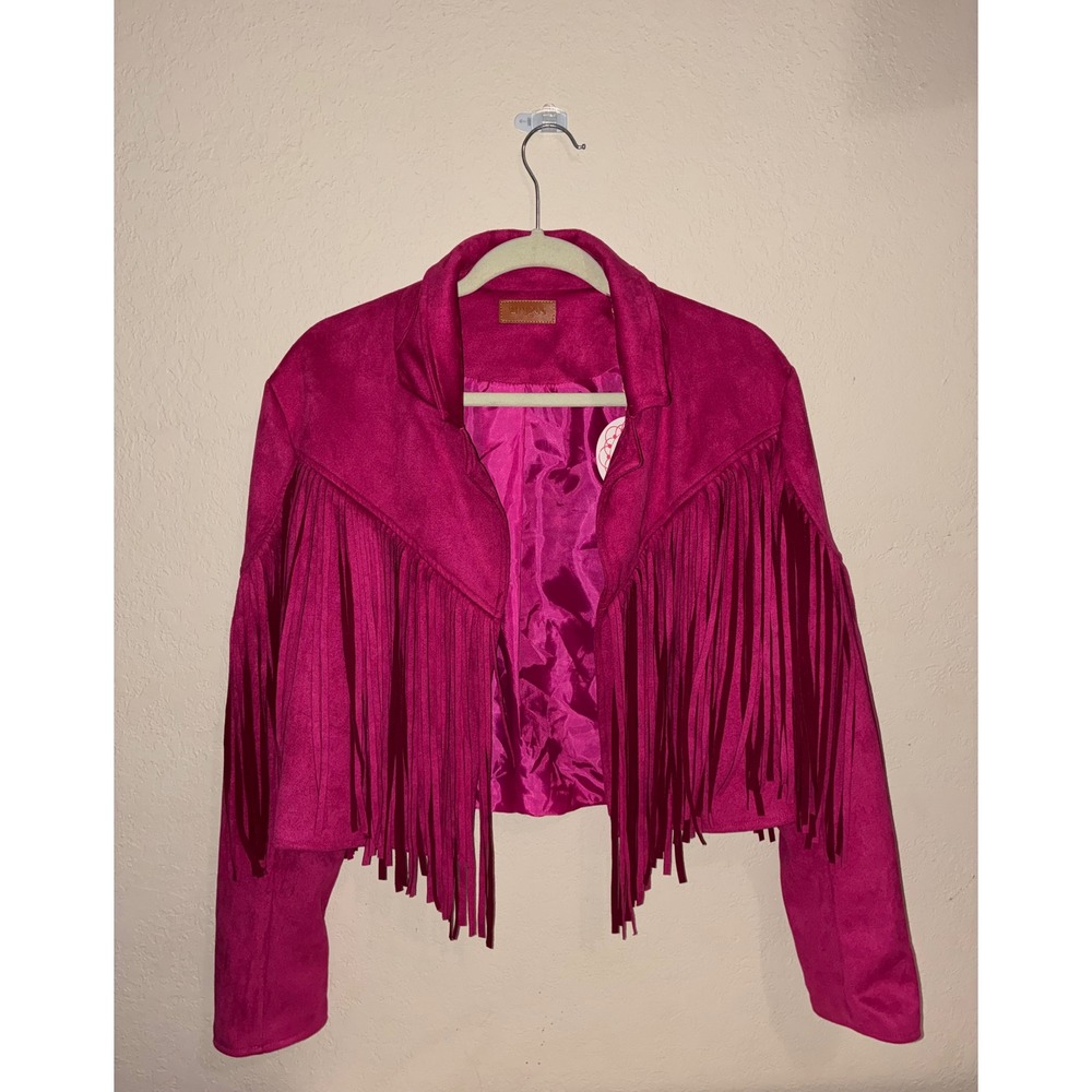 Umgee Hot Pink  Suede Feel Fringe Jacket Western Boho Cropped Small NWT